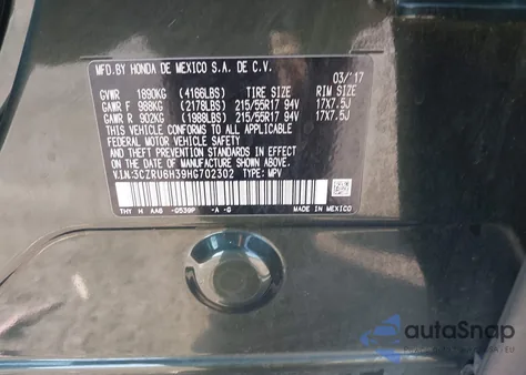 2017 Honda Hr-V Lx from USA, damaged, VIN 3CZRU6H39HG702302